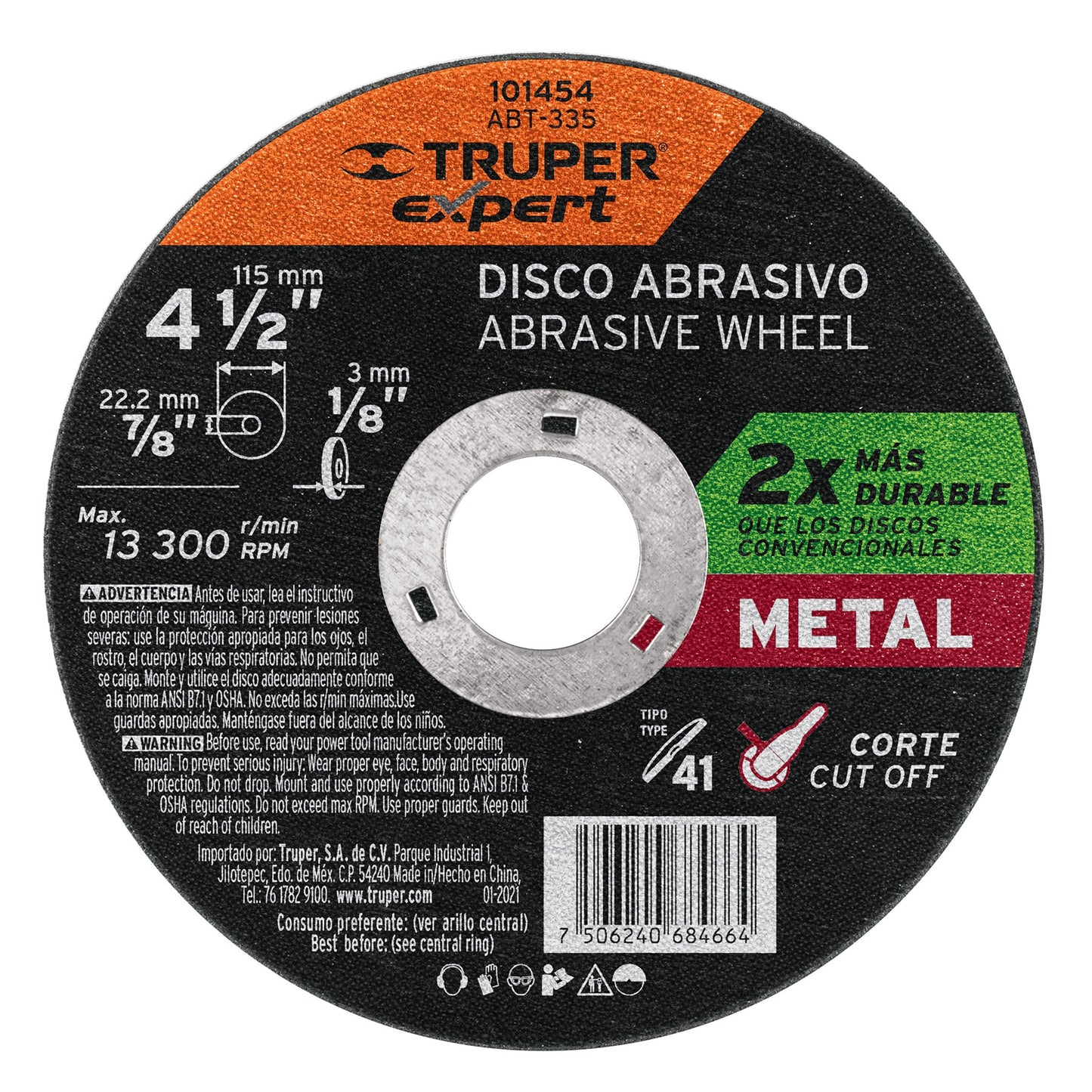 Disco para corte de metal 4-1/2' tipo 41, Truper Expert ABT-335 101454 MM00