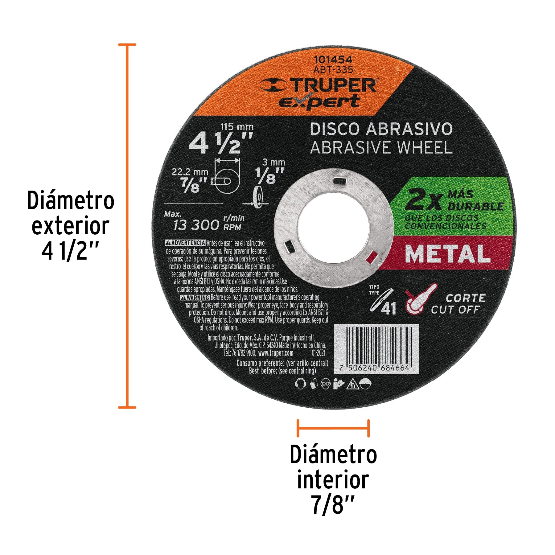 Disco para corte de metal 4-1/2' tipo 41, Truper Expert ABT-335 101454 MM00