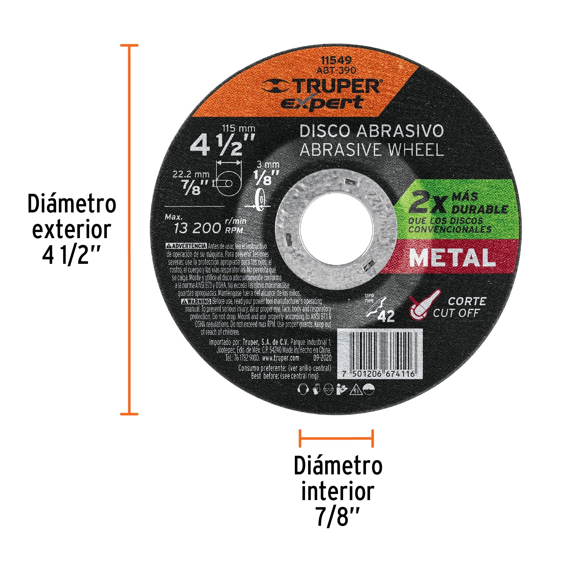 Disco Tipo 42 de 4-1/2' x 3.2 mm corte metal, Truper Expert ABT-390 11549 MM00