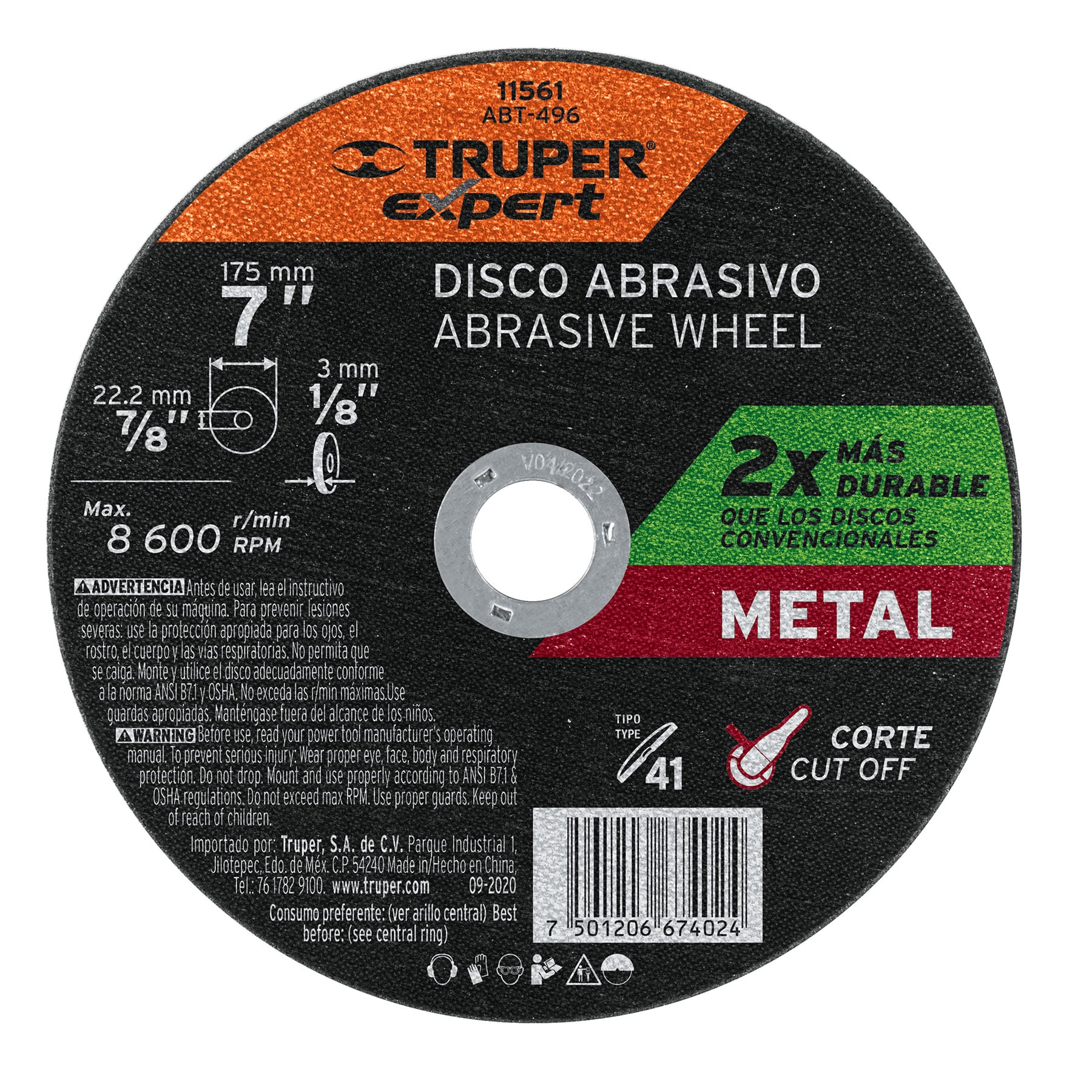 Disco para corte de metal, tipo 41, diámetro 7' Expert ABT-496 11561 MM00