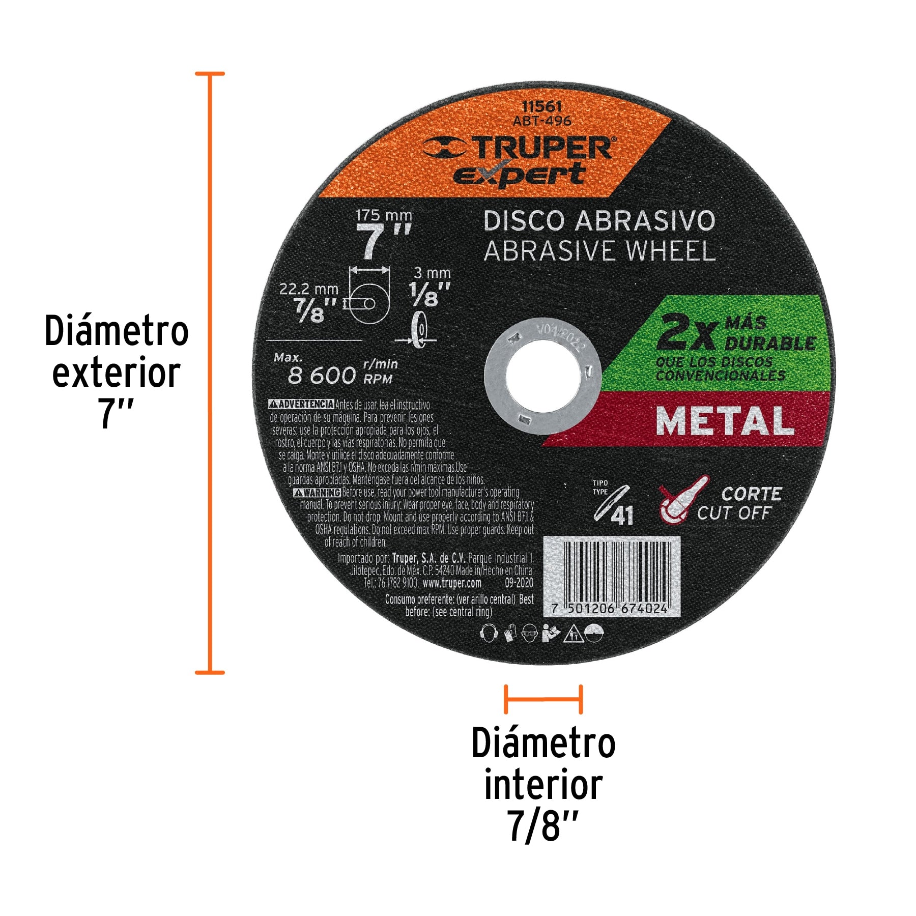 Disco para corte de metal, tipo 41, diámetro 7' Expert ABT-496 11561 MM00