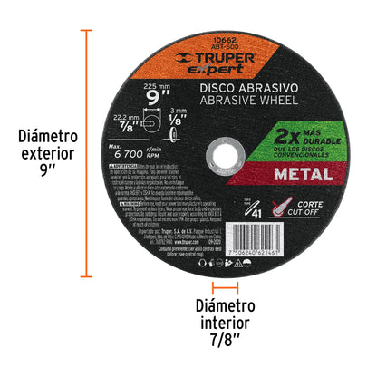 Disco para corte de metal, tipo 41, diámetro 9' Expert ABT-500 10662 MM00