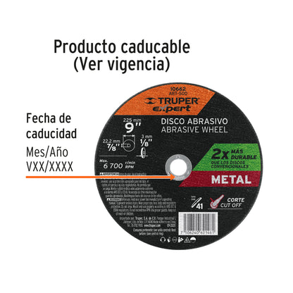 Disco para corte de metal, tipo 41, diámetro 9' Expert ABT-500 10662 MM00