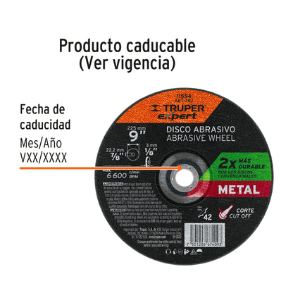 Disco Tipo 42 de 9' x 3.2 mm corte metal, Truper Expert ABT-782 11554 MM00