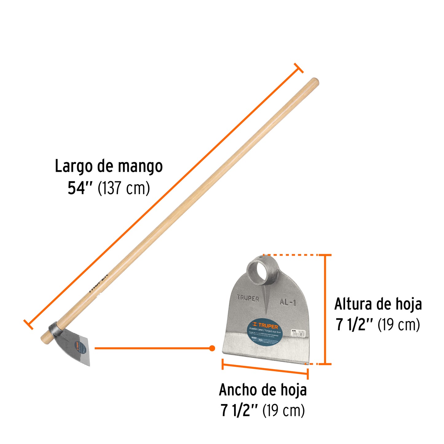 Azadón Lane No.1 de 1.8 lb con mango madera de 54', Truper AL-1MM 102916 MM0