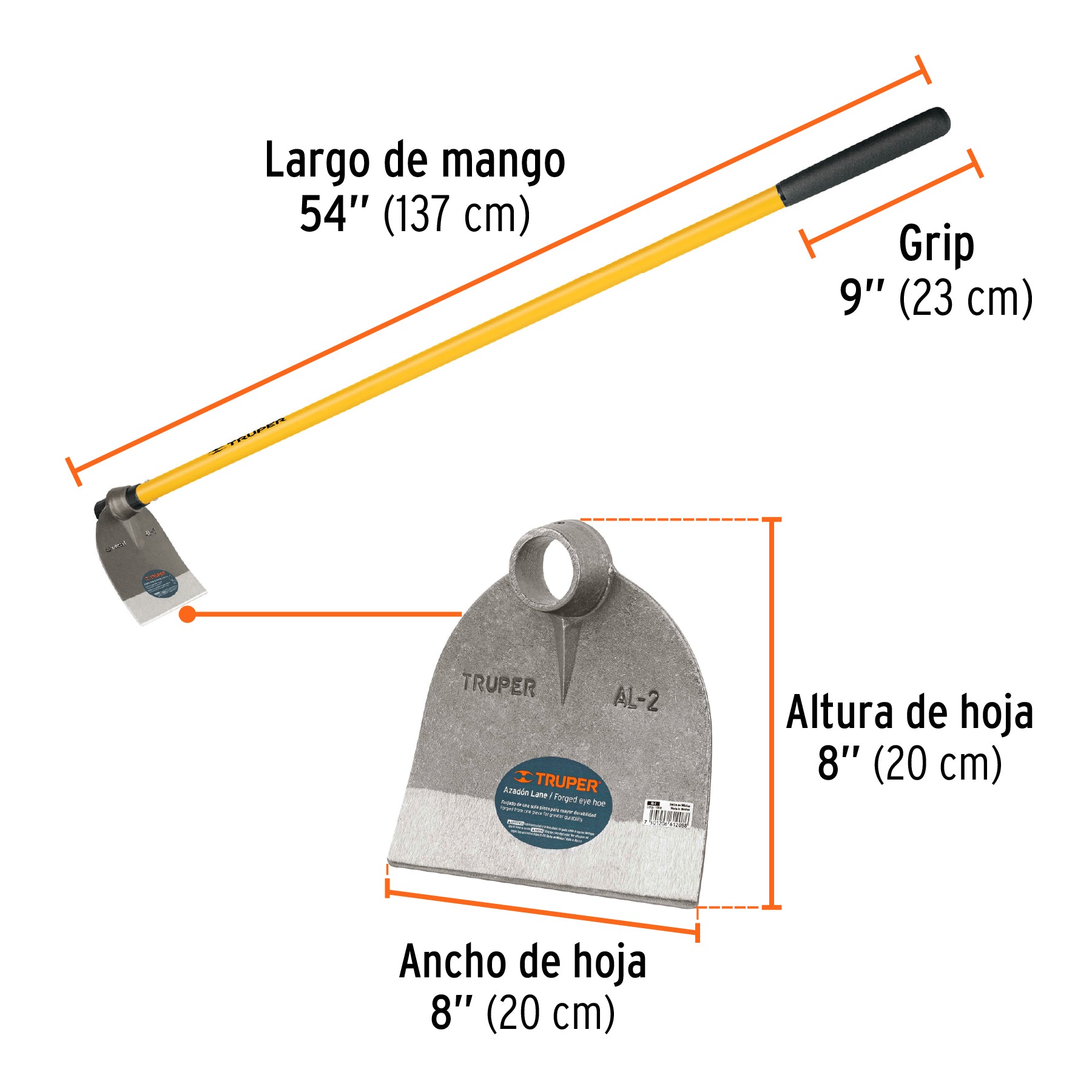 Azadón Lane No.2 de 2.0 lb con mango de 54', Truper AL-2M 10618 MM0