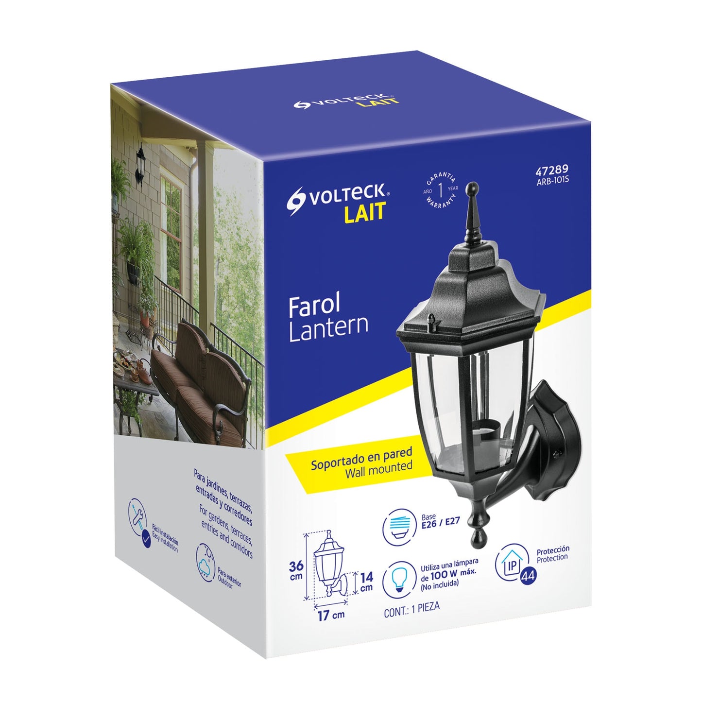 Arbotante tipo farol tradicional soportado p/exterior, negro ARB-101S 47289 MM0