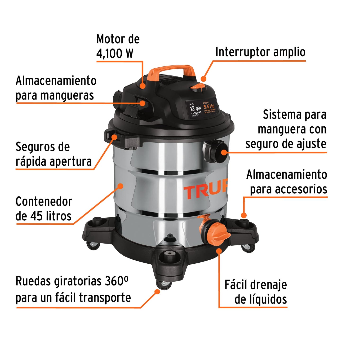 Aspiradora de sólidos y líquidos, 12 gal, acero inox, Truper ASP-12X 101524 MM1