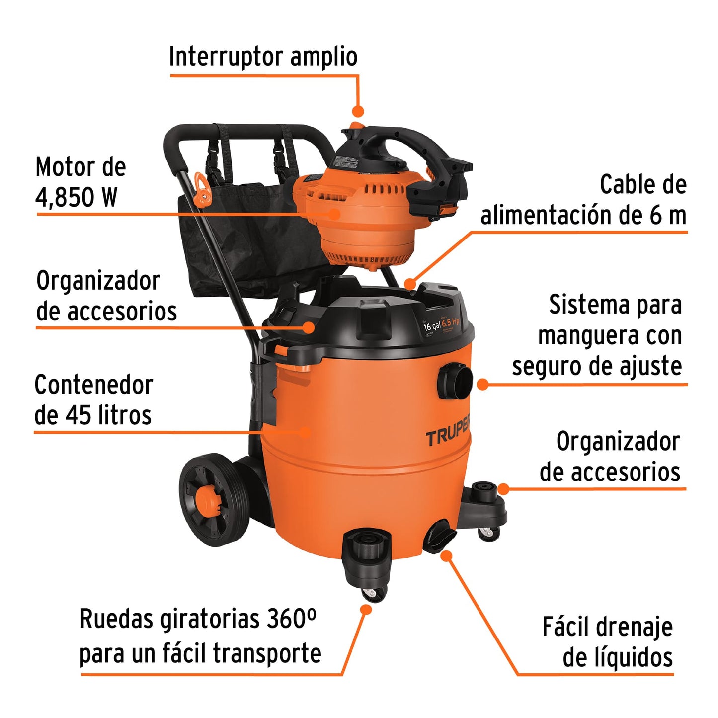 Aspiradora/sopladora de sólidos y líquidos, 16 gal, plástica ASP-16S 101522 MM1