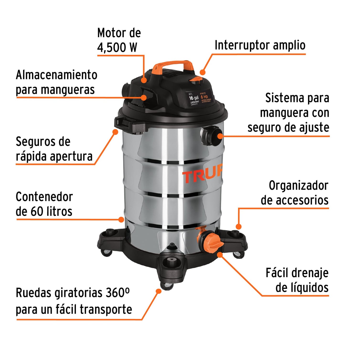 Aspiradora de sólidos y líquidos, 16 gal, acero inox, Truper ASP-16X 101525 MM1