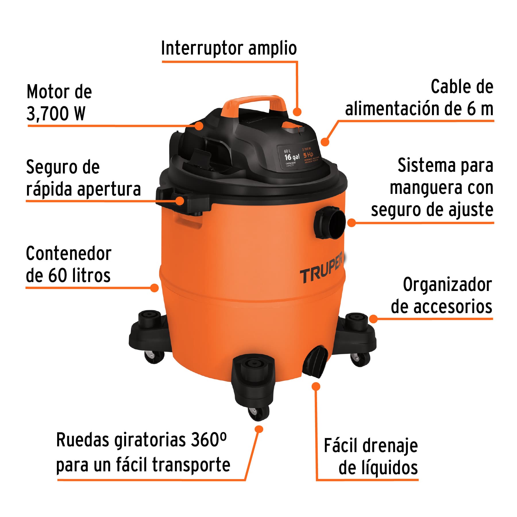 Aspiradora de sólidos y líquidos, 16 gal, plástica, Truper ASP-16 101520 MM1