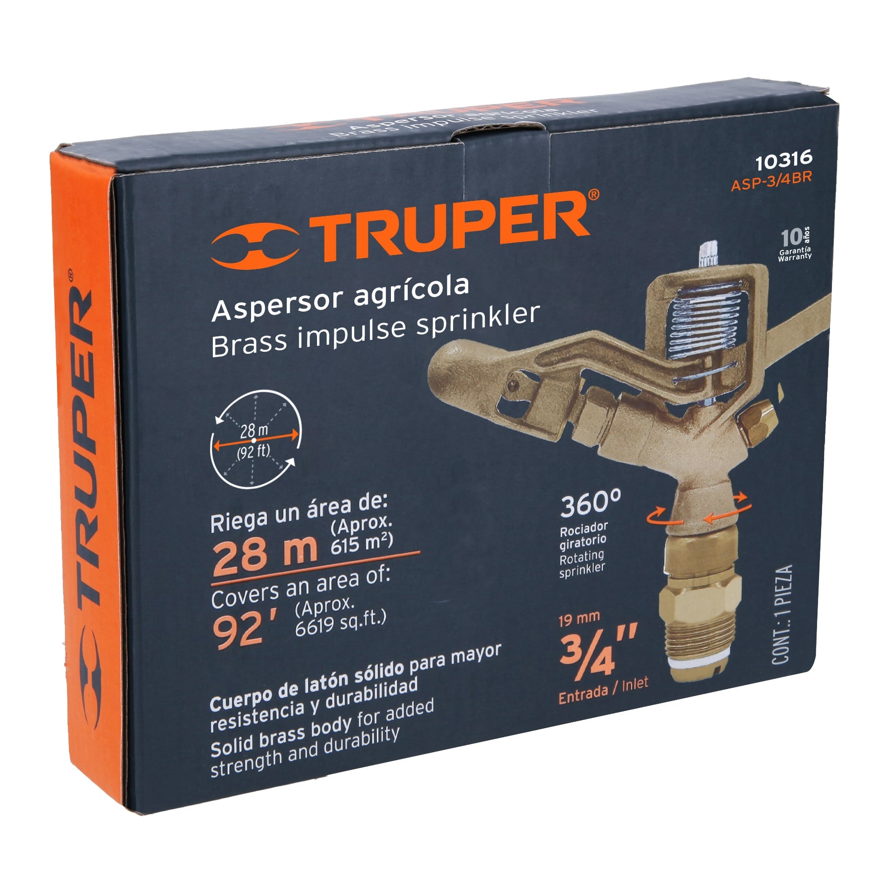 Aspersor agrícola de 3/4' fundido en latón, Truper ASP-3/4BR 10316 MM00