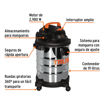 Aspiradora de sólidos y líquidos, 5 gal, acero inox, Truper ASP-5X 101523 MM1