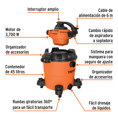 Aspiradora/sopladora de sólidos y líquidos 12 gal, plástica ASP-12S 12093 MM1