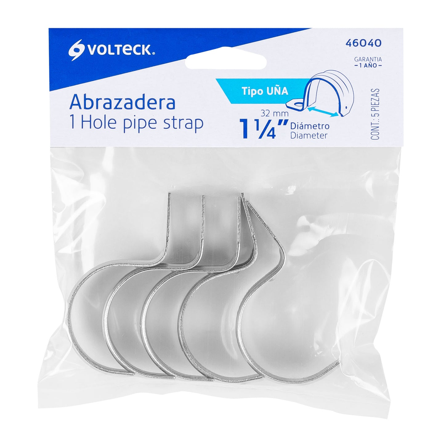 Bolsa con 5 abrazaderas 1-1/4' tipo uña para tubo, Volteck AU-114 46040 MM00