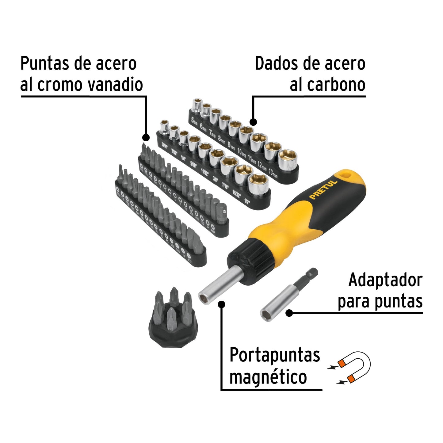 Desarmador tipo matraca con 35 puntas y 18 dados, Pretul AUTO-61 22976 MM00