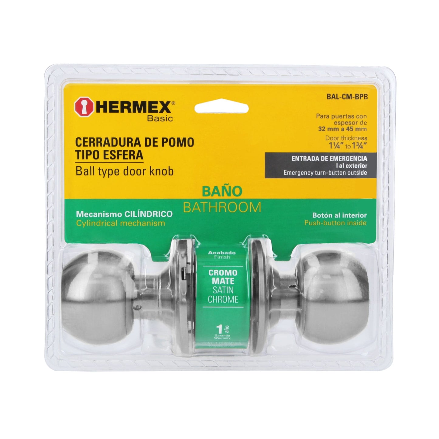 Cerradura esfera cilíndrico, baño, cromo, blíster, Basic BAL-CM-BPB 28056 MM0