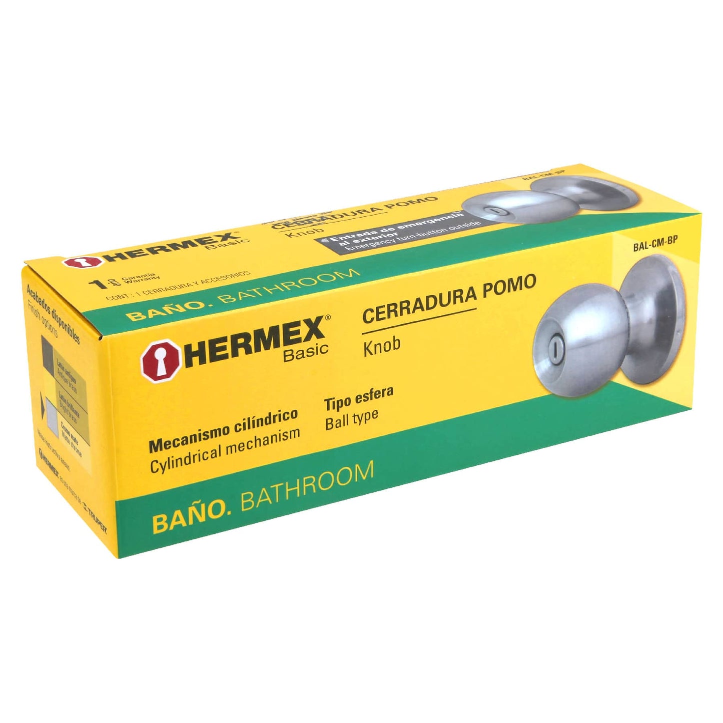 Cerradura tipo esfera, cilíndrico, baño, cromo, Hermex Basic BAL-CM-BP 23568 MM0