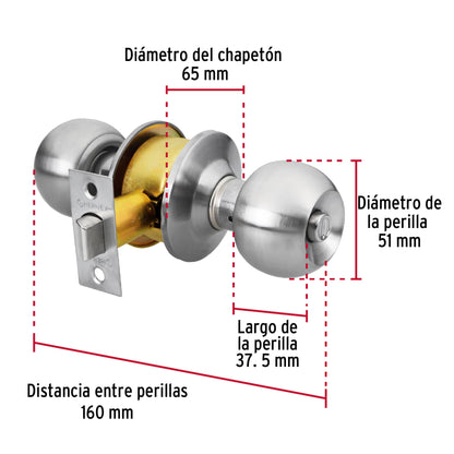 Cerradura tipo esfera, cilíndrico, baño, cromo, Hermex Basic BAL-CM-BP 23568 MM0