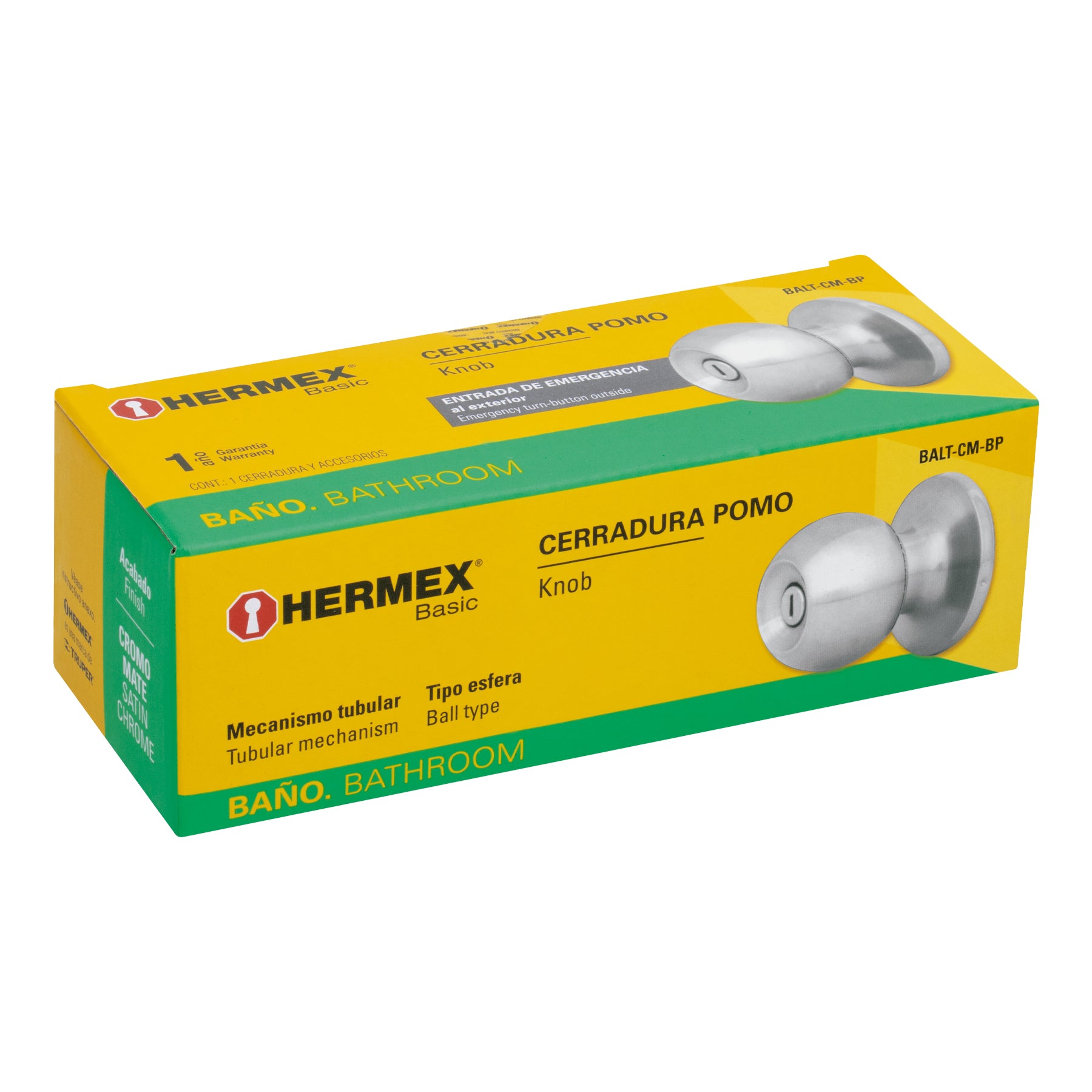 Cerradura tipo esfera, tubular, baño, cromo, Hermex Basic BALT-CM-BP 23663 MM0