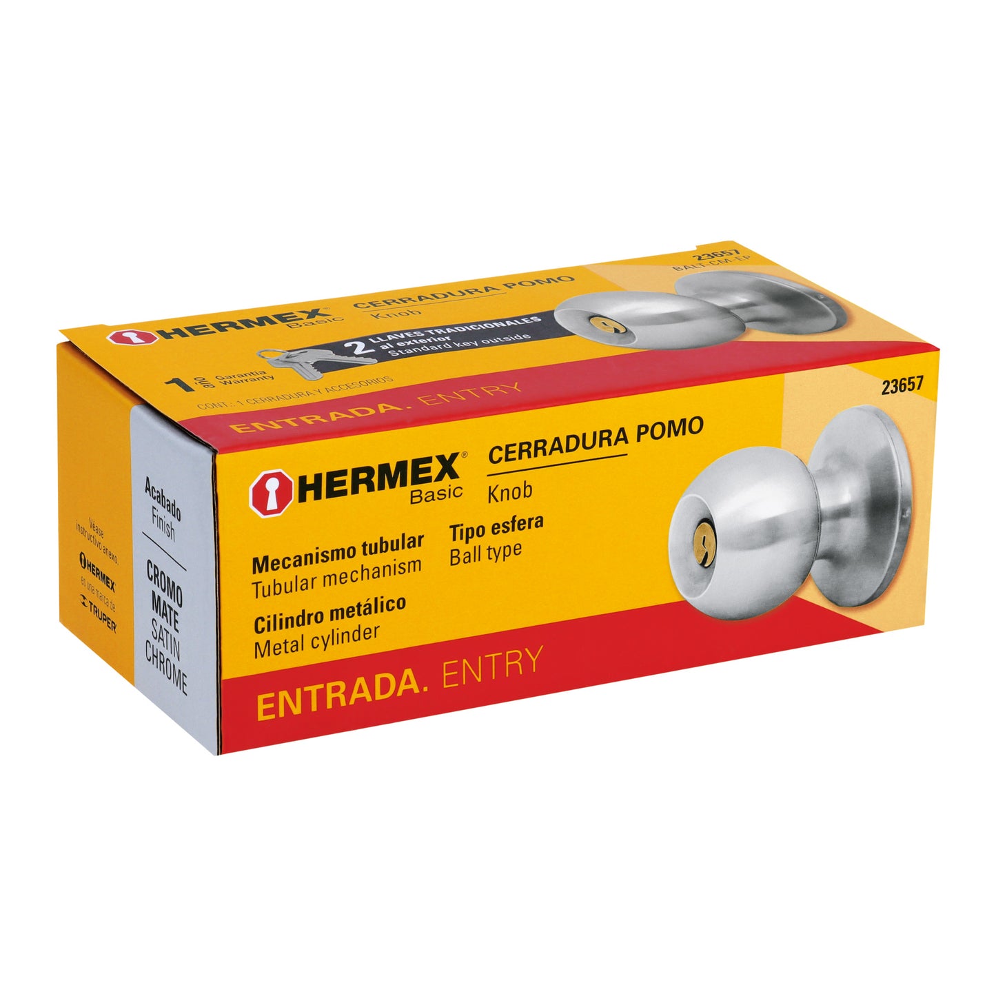 Cerradura tipo esfera, tubular, entrada, cromo, Hermex Basic BALT-CM-EP 23657 MM0