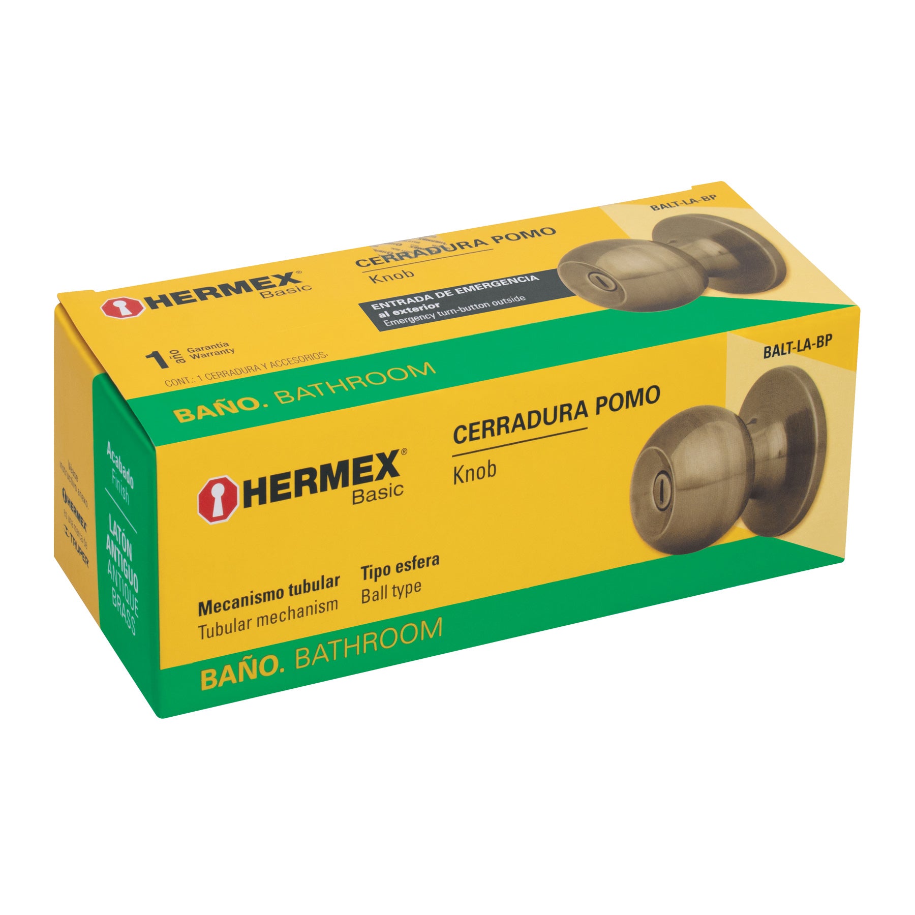 Cerradura tipo esfera, tubular, baño, antiguo, Hermex Basic BALT-LA-BP 23662 MM0