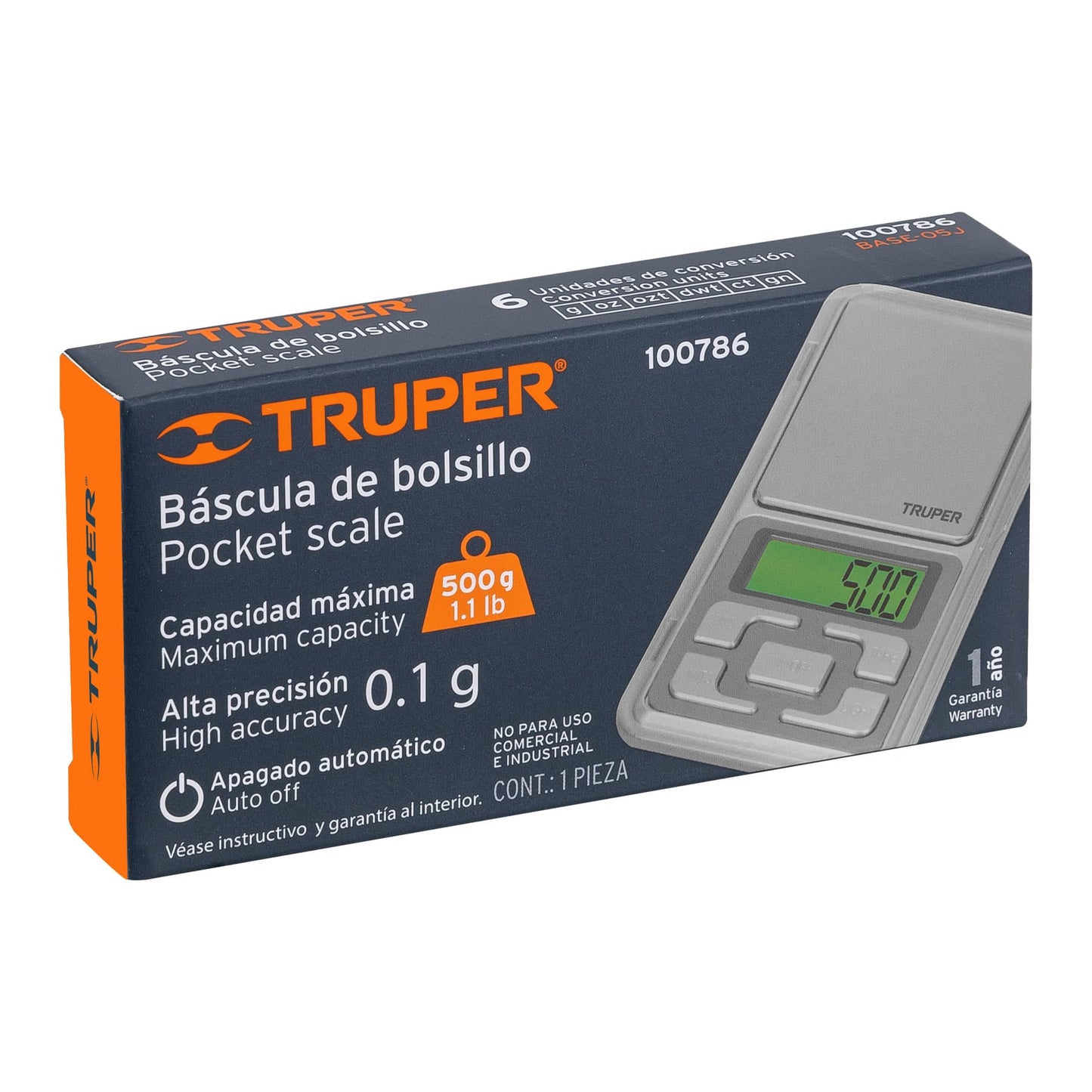 Báscula electrónica de bolsillo, de pilas, 500 g, Truper BASE-05J 100786 MM00