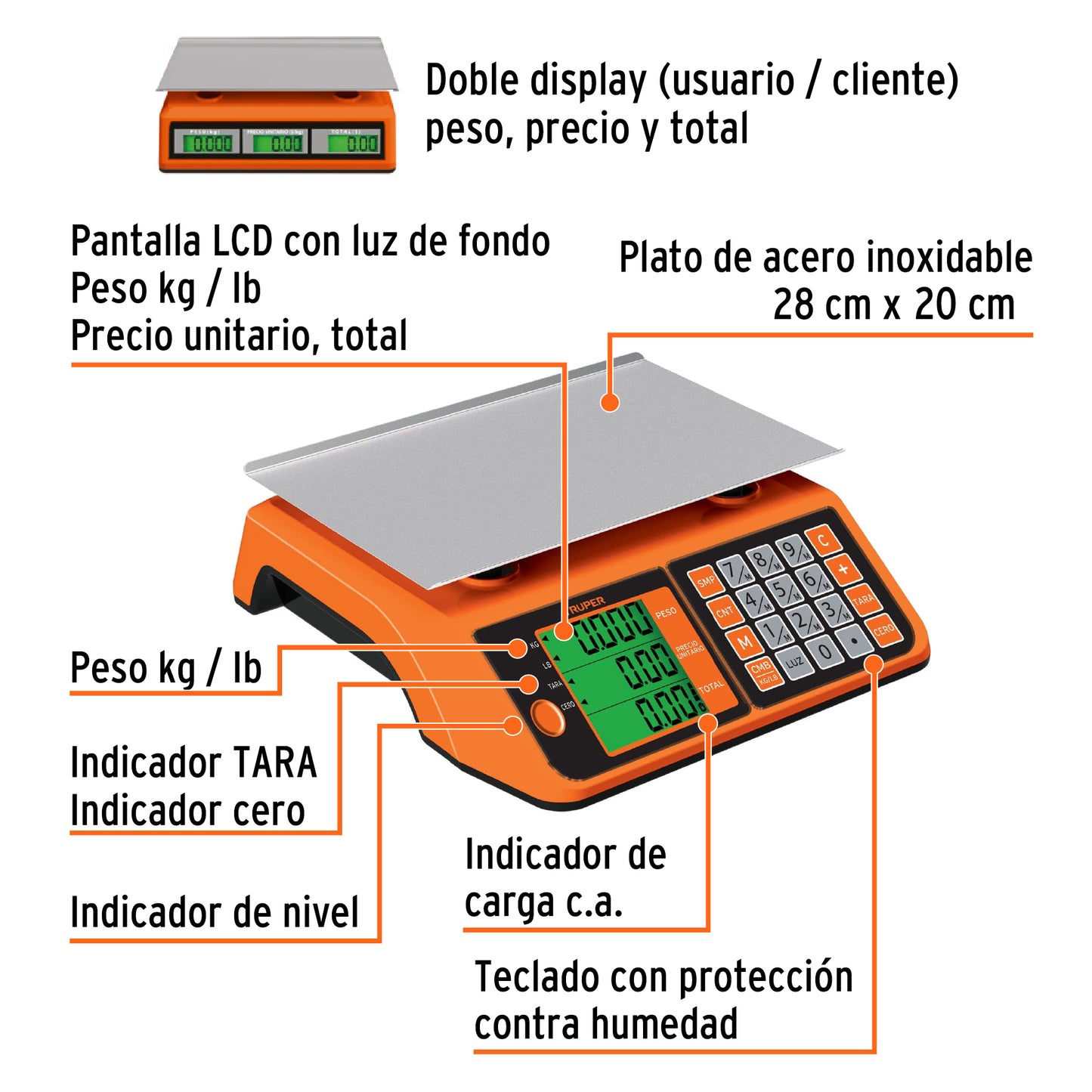 Báscula electrónica multifunciones 20 kg, Truper BASE-20 102651 MM0