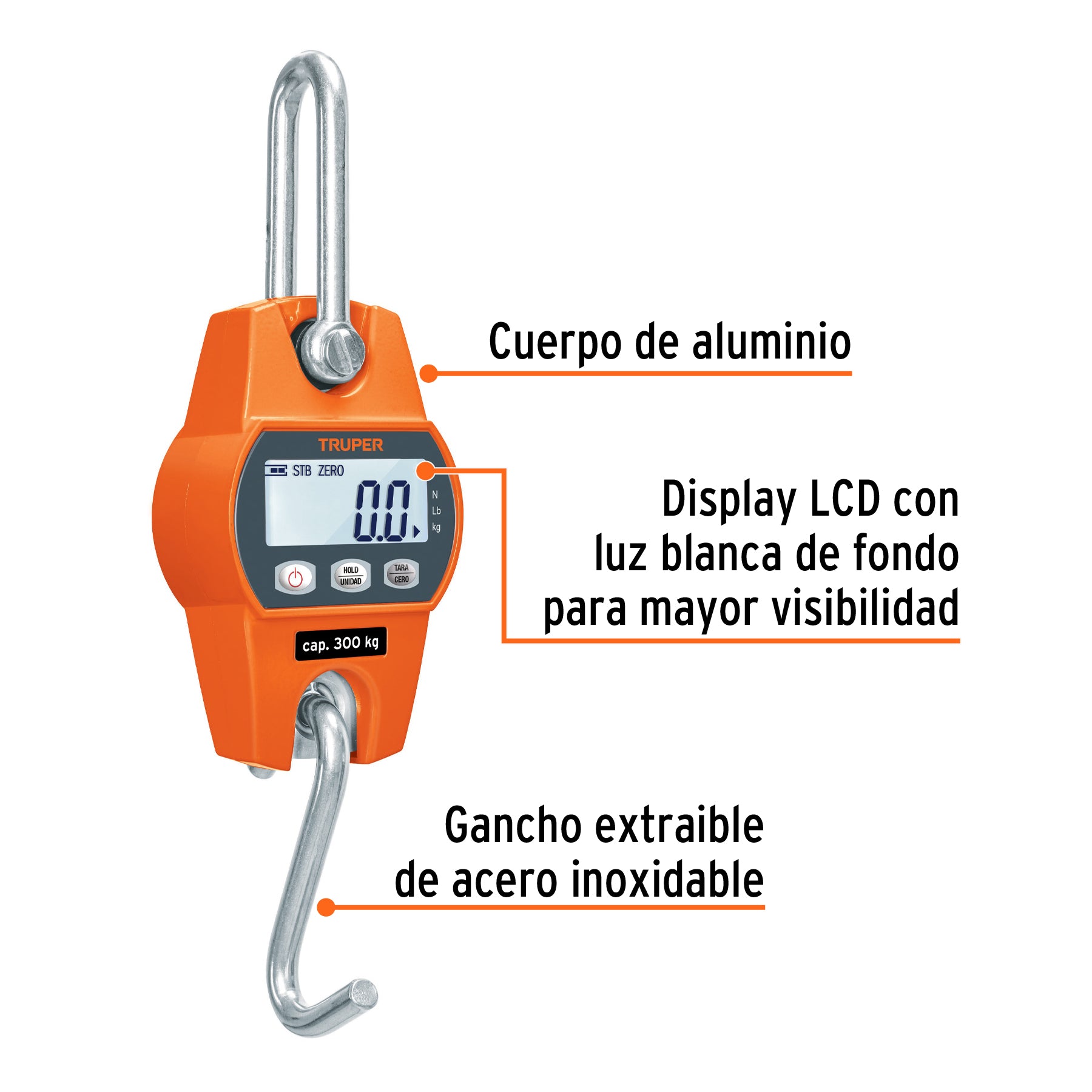 Báscula electrónica colgante, de pilas, 300 kg, Truper BASE-300C 100788 MM0