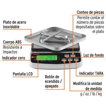 Báscula electrónica de precisión, recargable, 3 kg, Truper BASE-3 102317 MM00