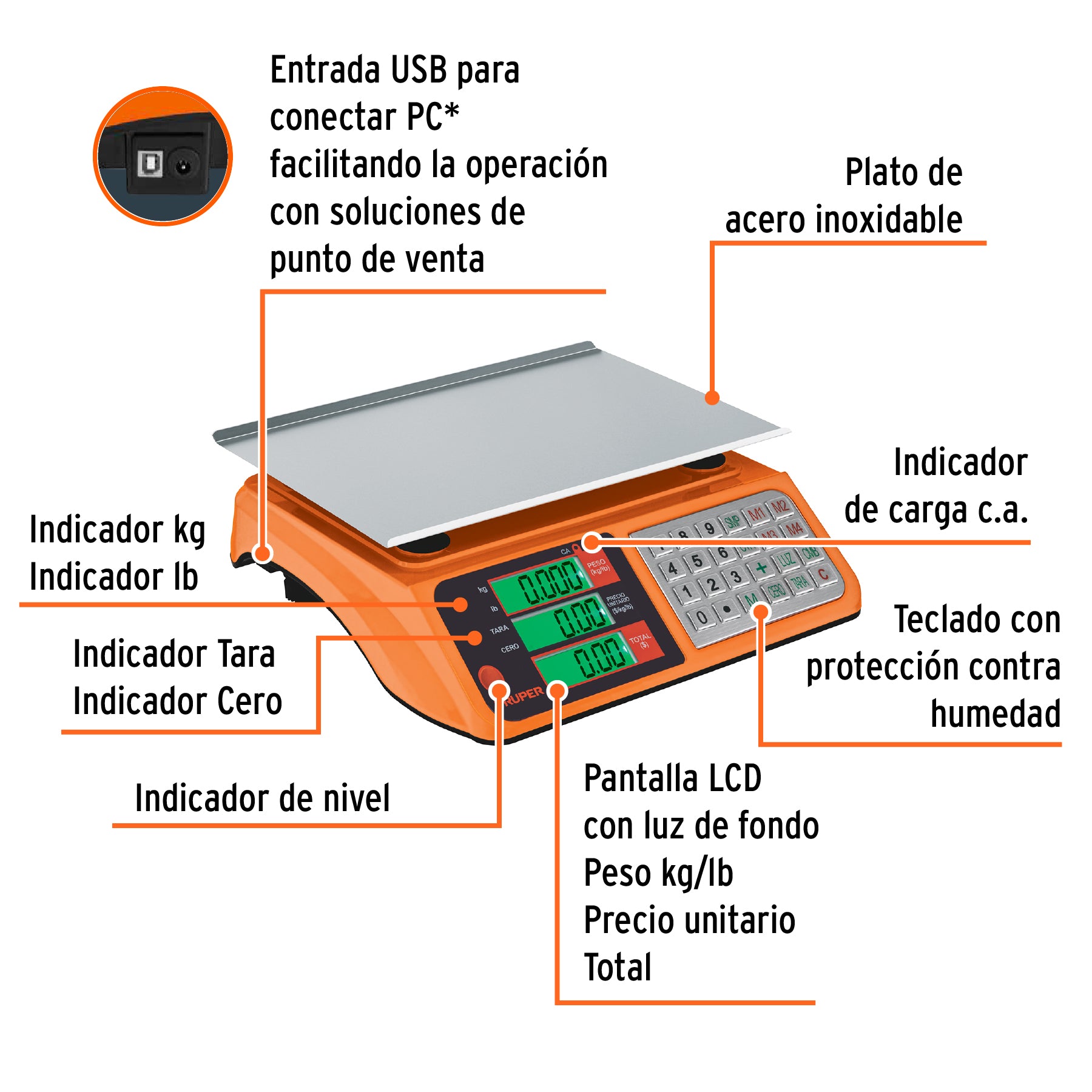 Báscula electrónica multifunciones 40 kg USB, Truper BASE-40U 103131 MM00