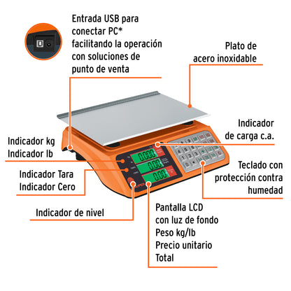 Báscula electrónica multifunciones 40 kg USB, Truper BASE-40U 103131 MM00