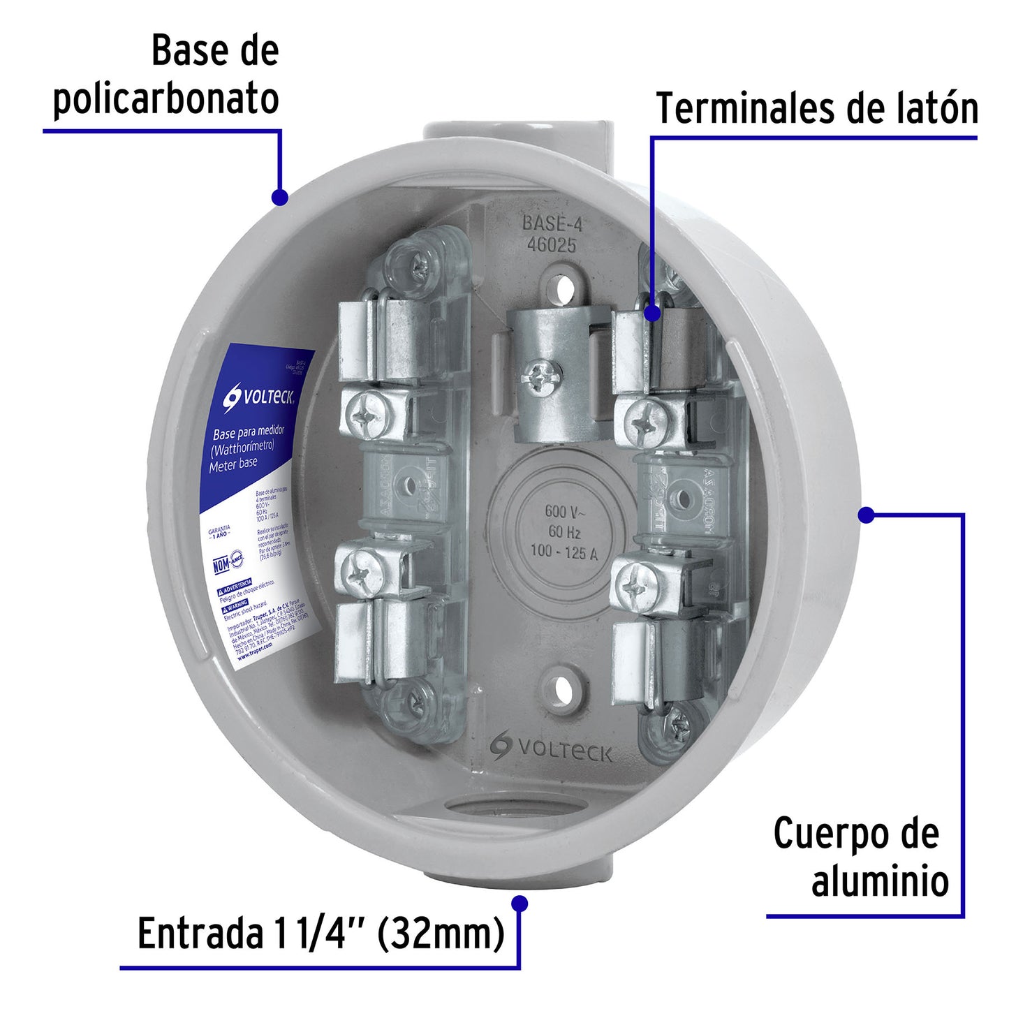 Base para watthorímetro, 4 terminales, Volteck BASE-4 46025 MM1