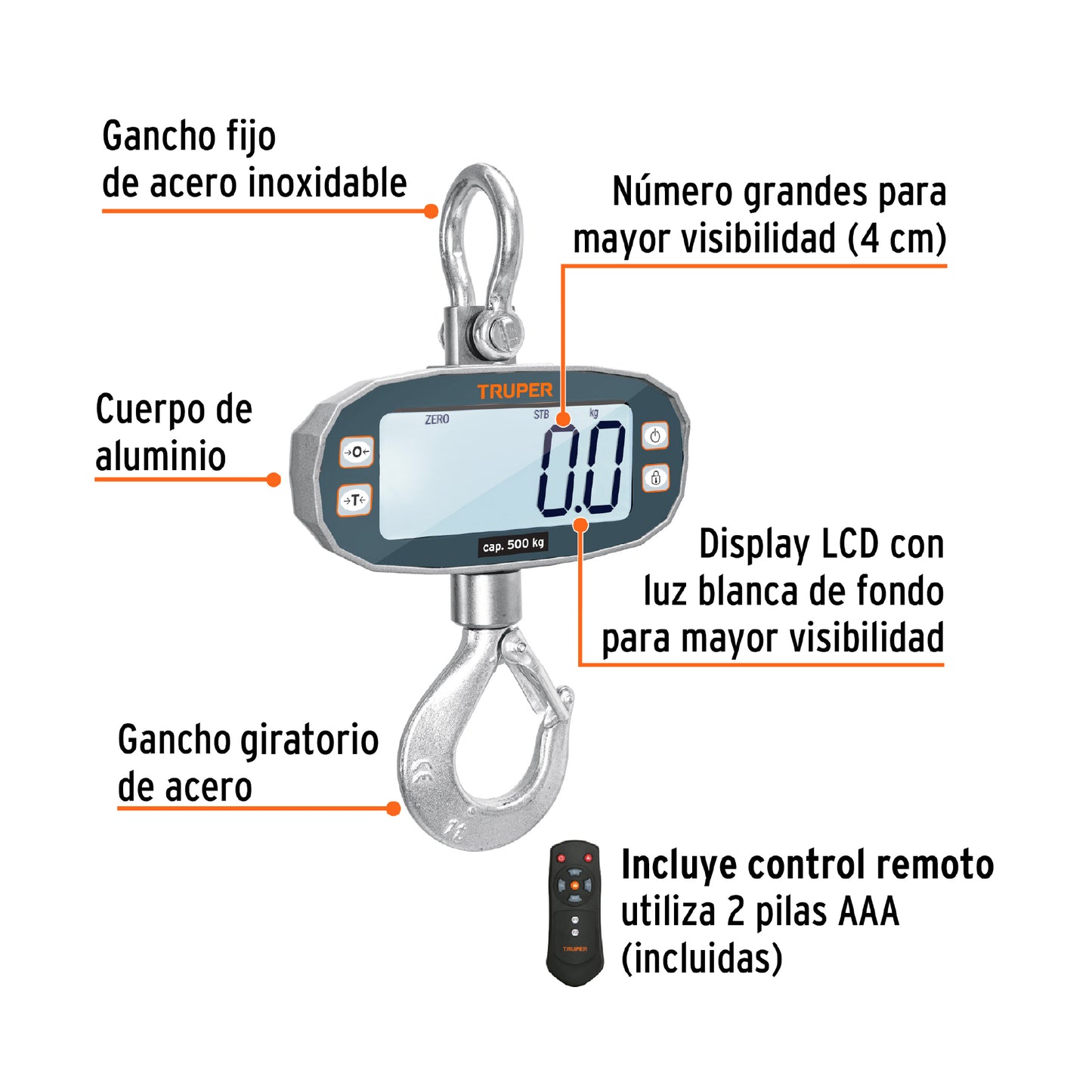 Báscula electrónica colgante, recargable, 500 kg, Truper BASE-500C 102543 MM0