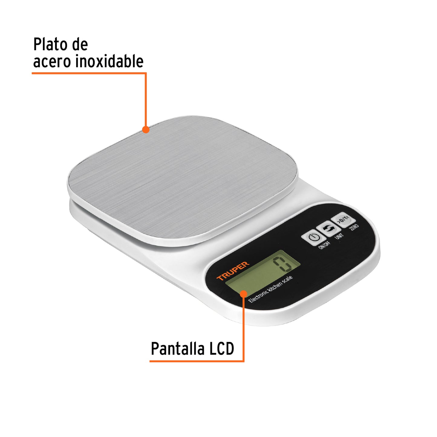 Báscula digital para cocina, plato de acero inox,5kg, Truper BASE-5EA 103116 MM00