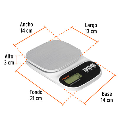 Báscula digital para cocina, plato de acero inox,5kg, Truper BASE-5EA 103116 MM00