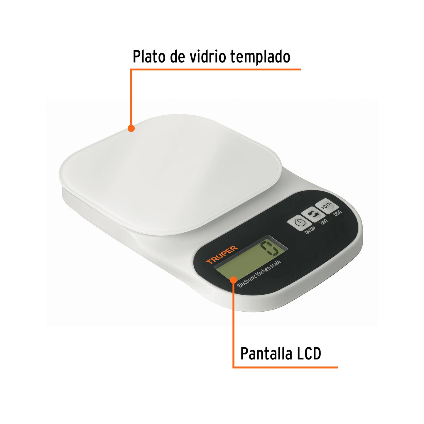 Báscula digital para cocina, plato de vidrio, 5 kg, Truper BASE-5EC 15160 MM00