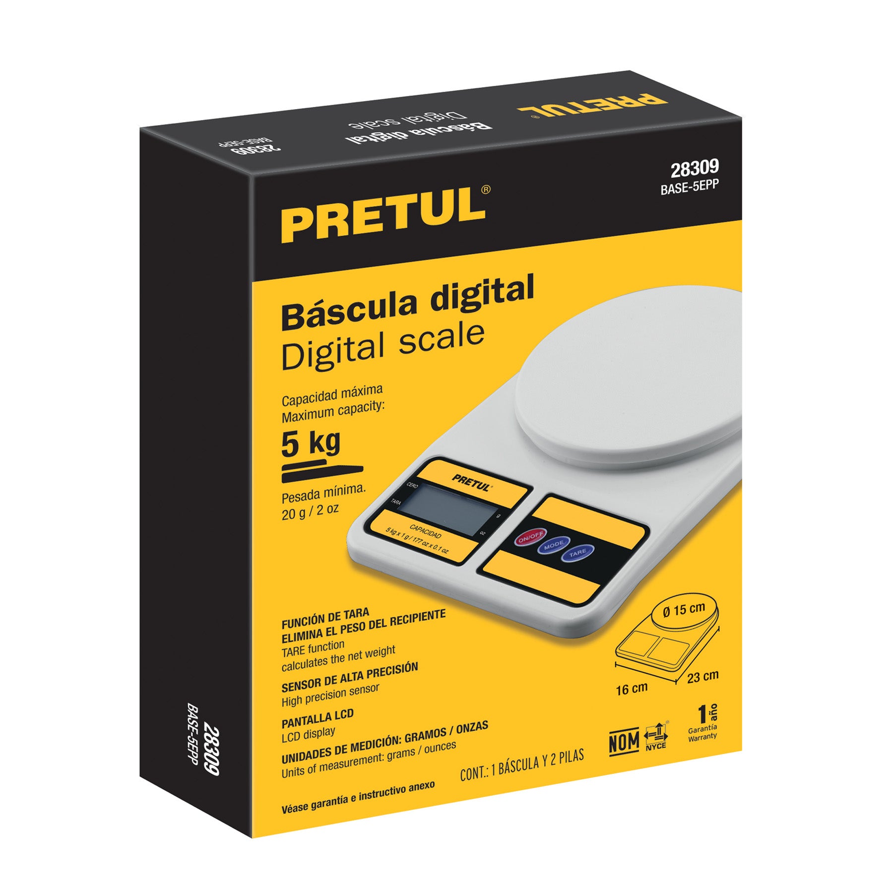 Báscula digital para cocina, plato de poliprop, 5 kg, Pretul BASE-5EPP 28309 MM00