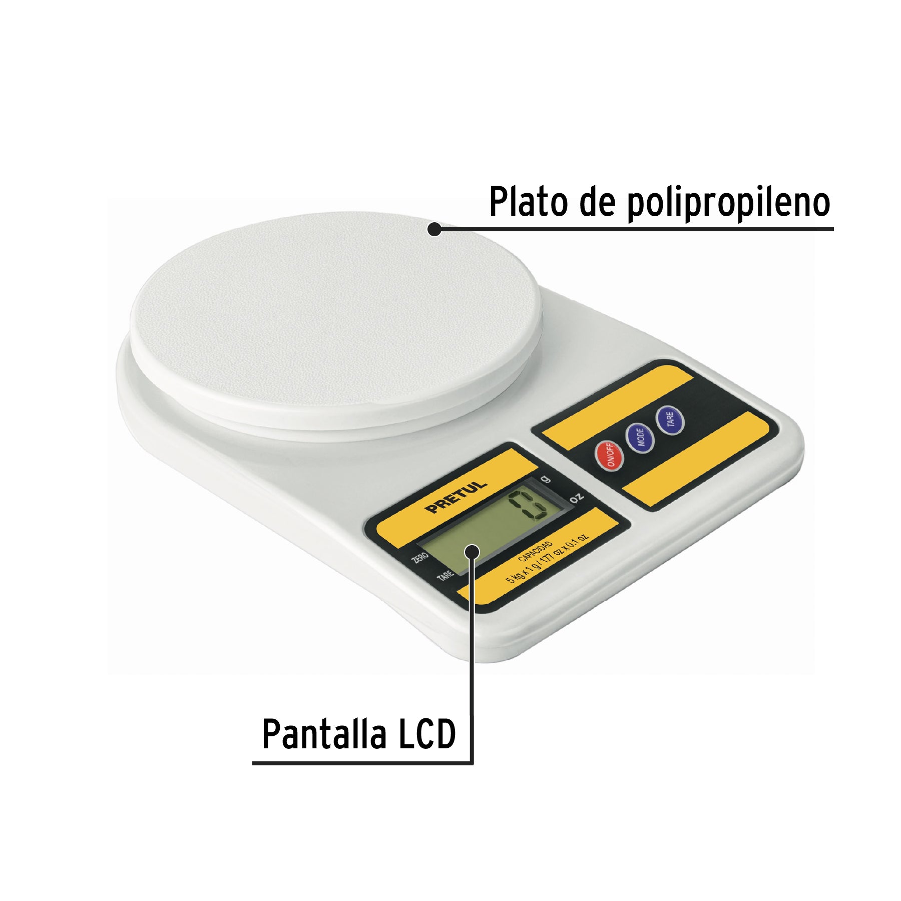 Báscula digital para cocina, plato de poliprop, 5 kg, Pretul BASE-5EPP 28309 MM00