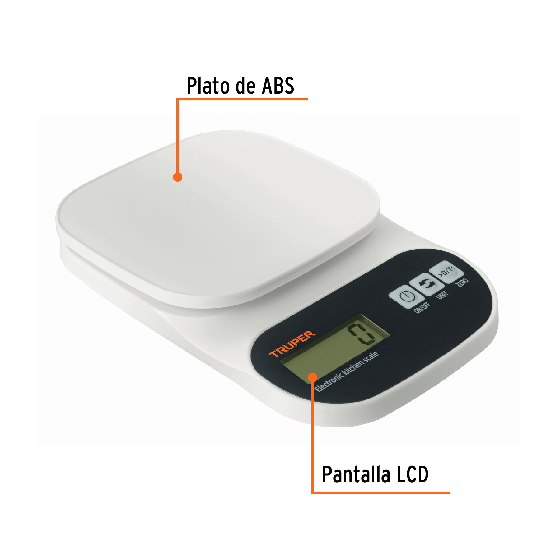 Báscula digital para cocina, plato de ABS, 5 kg, Truper BASE-5EP 15161 MM00