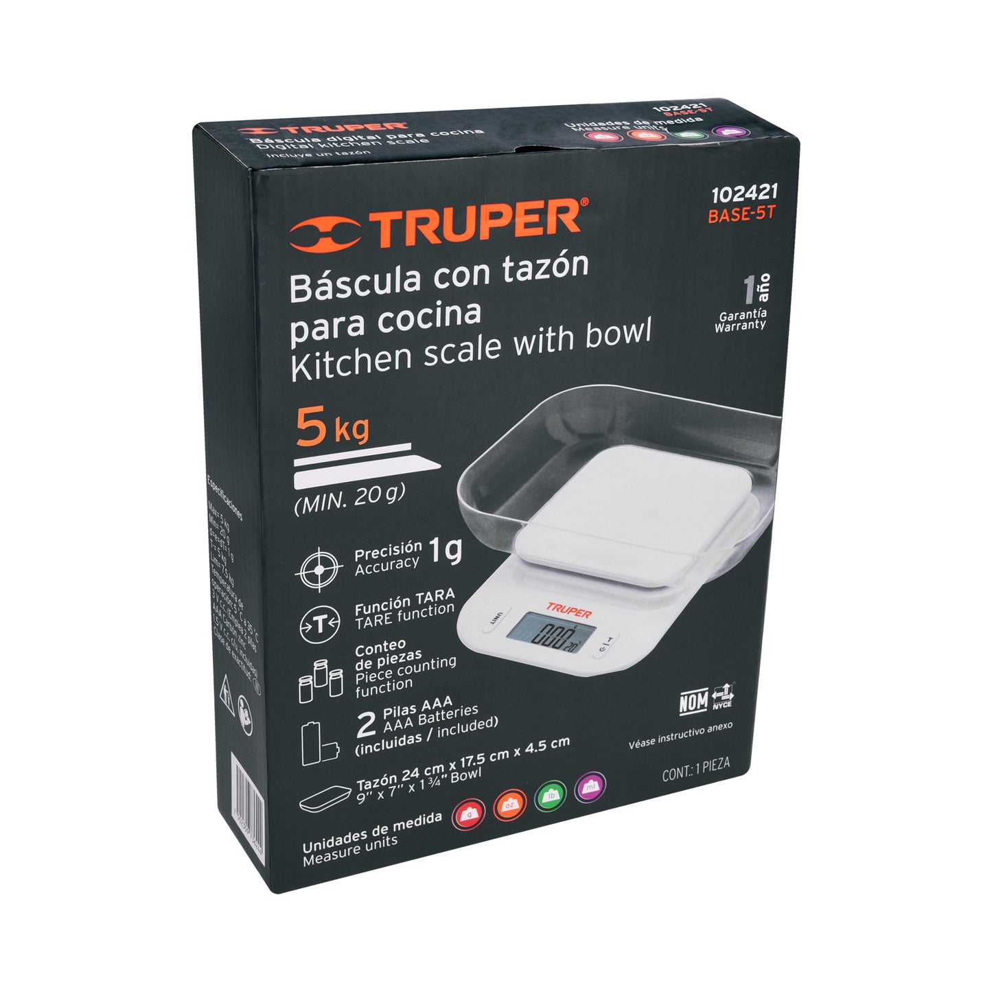 Báscula digital para cocina, con tazón, 5 kg, Truper BASE-5T 102421 MM00