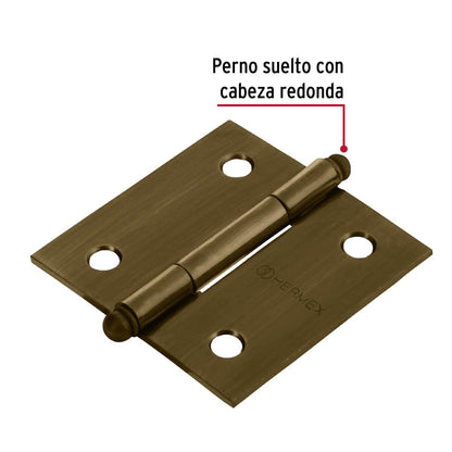 Bisagra cuadrada 2', latón antiguo, cabeza redonda, Hermex BC-202R 43244 MM0