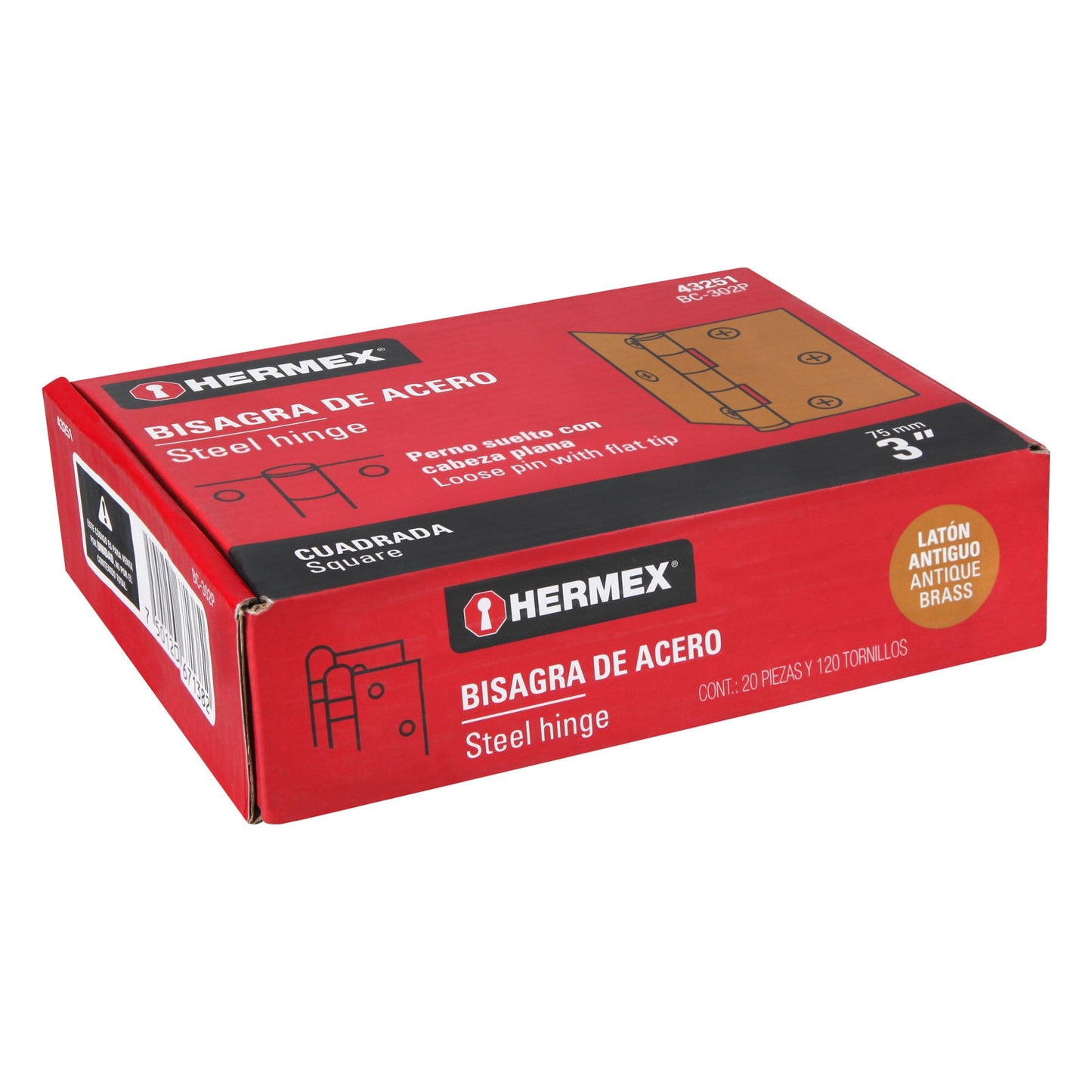 Bisagra cuadrada 3', latón antiguo, cabeza plana, Hermex BC-302P 43251 MM0