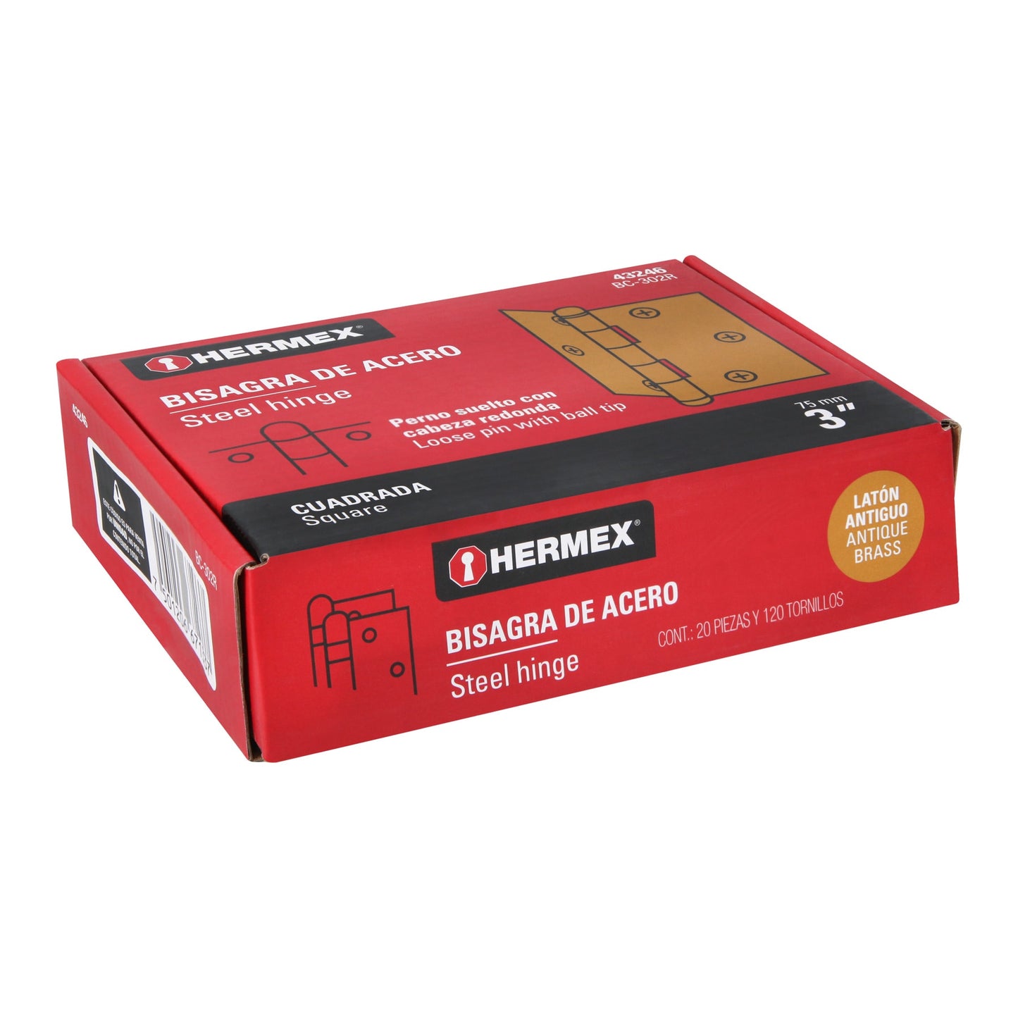 Bisagra cuadrada 3', latón antiguo, cabeza redonda, Hermex BC-302R 43246 MM0