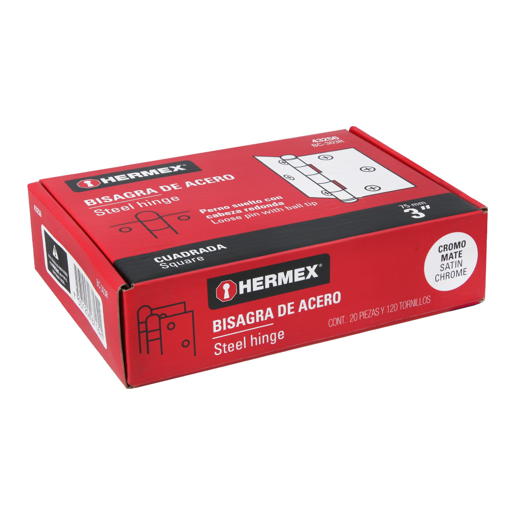 Bisagra cuadrada 3', cromo mate, cabeza redonda, Hermex BC-303R 43256 MM0