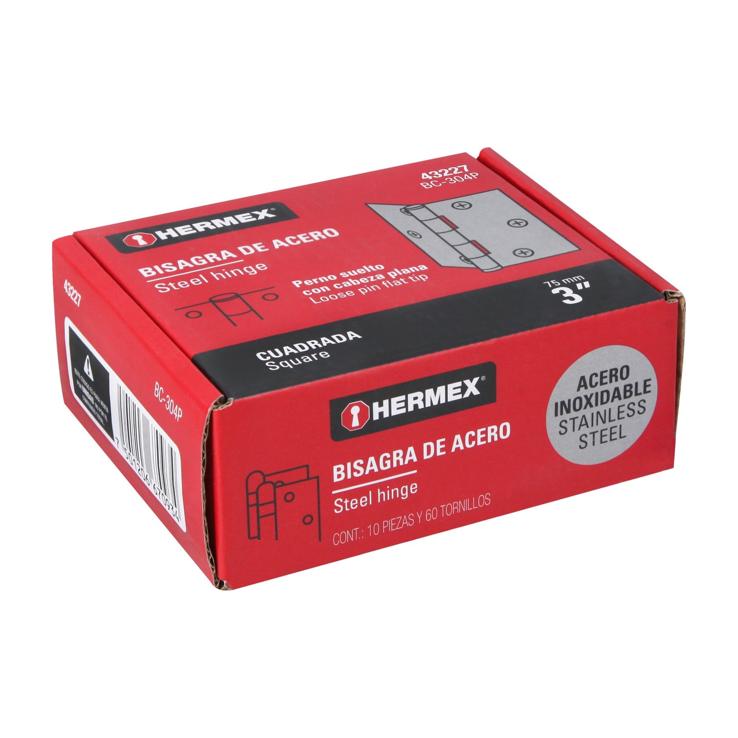 Bisagra cuadrada 3' acero inox, cabeza plana, Hermex BC-304P 43227 MM00