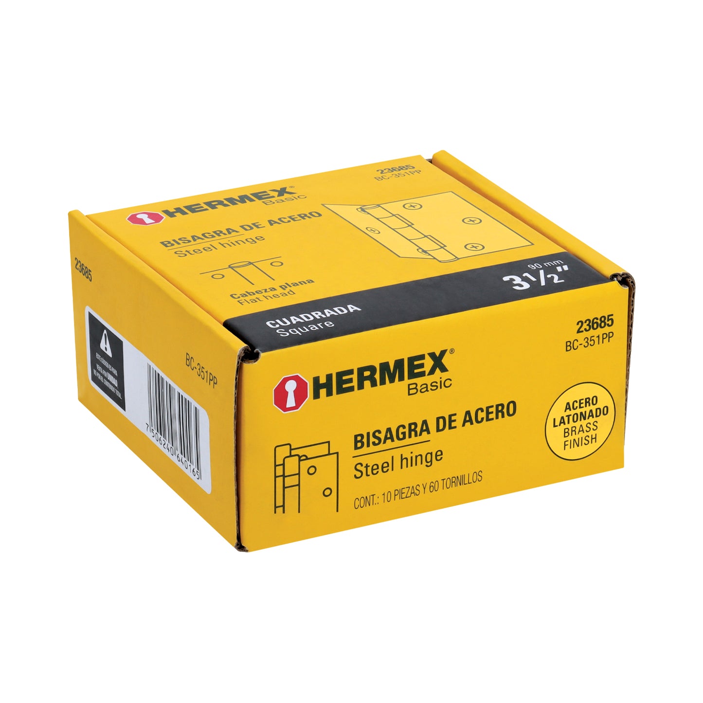 Bisagra cuadrada 3-1/2',latonado, cabeza plana, Hermex Basic BC-351PP 23685 MM1