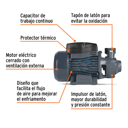 Bomba periférica 1/2 HP, altura máxima 40 m, Truper BOAP-1/2A2 12111 MM1