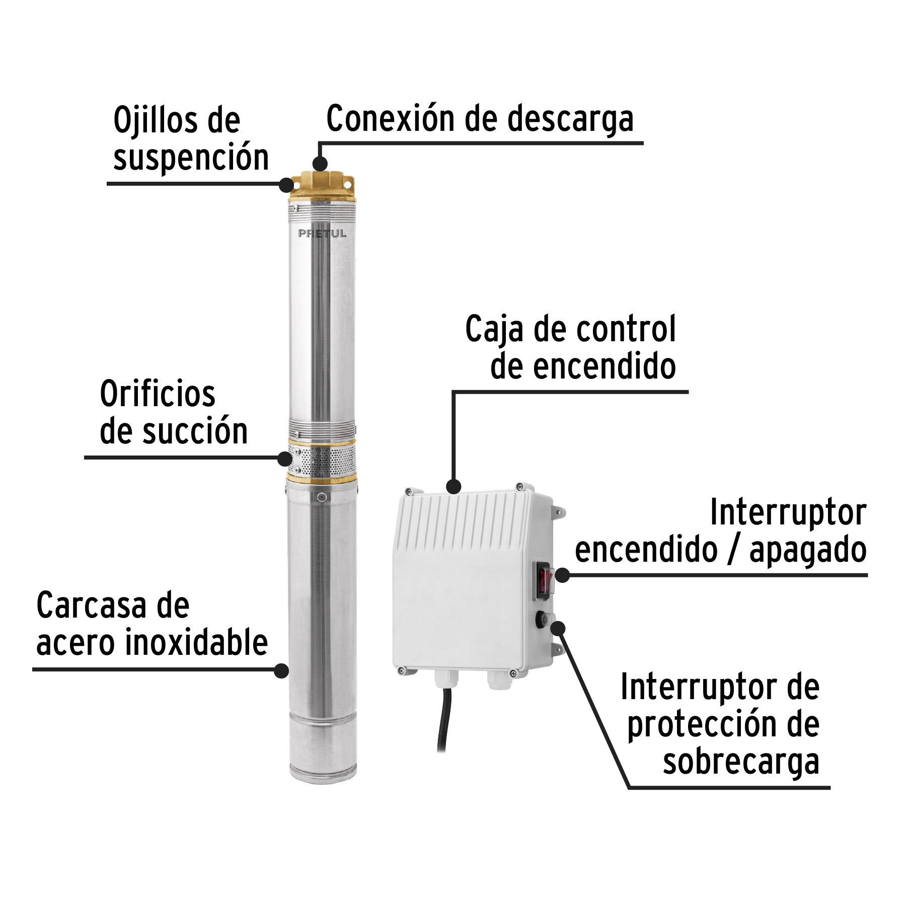 Bomba sumergible, tipo bala, 1-1/2 HP, agua limpia, Pretul BOS-1-1/2LMP 28202 MM00