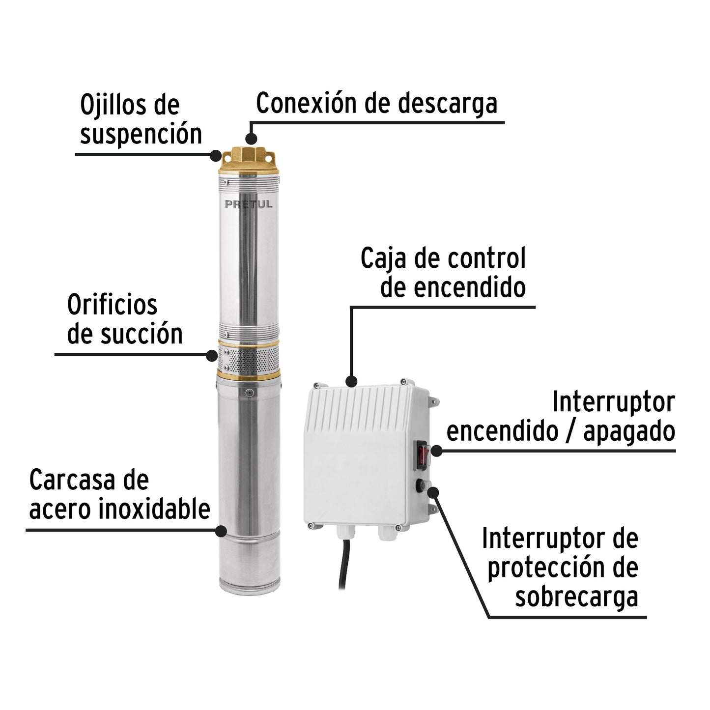 Bomba sumergible, tipo bala, 3/4 HP, agua limpia, Pretul BOS-3/4LMP 28204 MM00